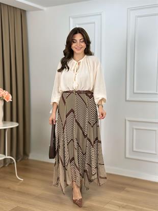 Kahve Beli Lastikli Astarlı Şifon Etek 3373