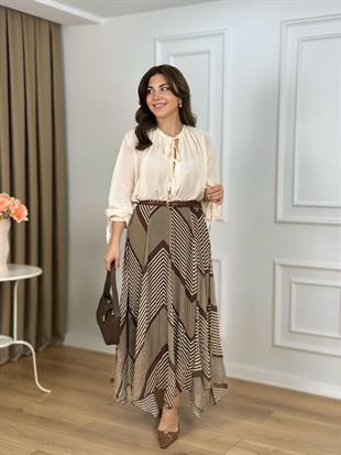 Kahve Beli Lastikli Astarlı Şifon Etek 3373