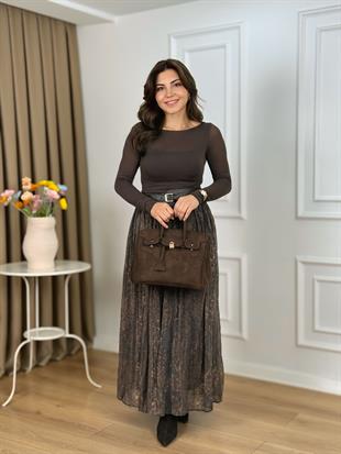 Kahve Beli Lastikli Kemerli Astarlı Şifon Etek 3374