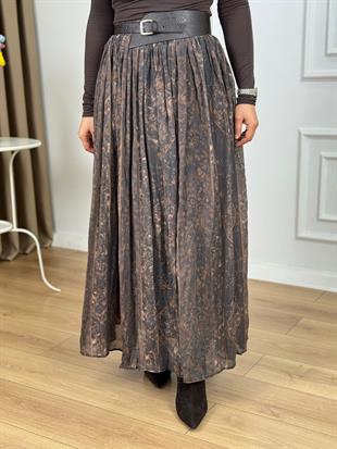 Kahve Beli Lastikli Kemerli Astarlı Şifon Etek 3374