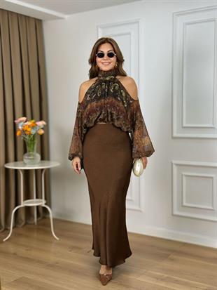 Kahve Beli Lastikli Kendinden Desenli Saten Etek 25360