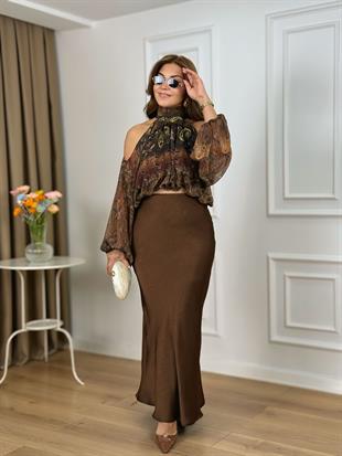 Kahve Beli Lastikli Kendinden Desenli Saten Etek 25360