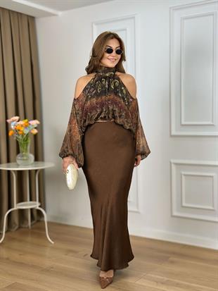 Kahve Beli Lastikli Kendinden Desenli Saten Etek 25360