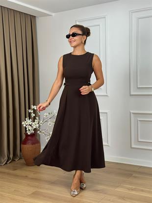 Kahve Bisiklet Yaka Parçalı Kemer Detaylı Krep Kumaş Elbise 2313