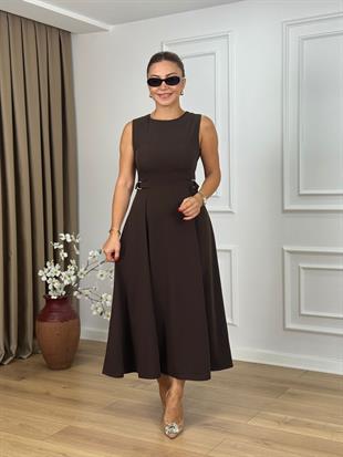 Kahve Bisiklet Yaka Parçalı Kemer Detaylı Krep Kumaş Elbise 2313