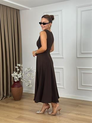 Kahve Bisiklet Yaka Parçalı Kemer Detaylı Krep Kumaş Elbise 2313