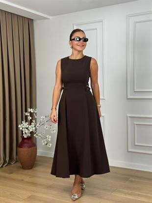 Kahve Bisiklet Yaka Parçalı Kemer Detaylı Krep Kumaş Elbise 2313