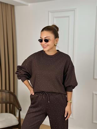 Kahve Bisiklet Yaka Taşlı Modal Kumaş Takım 26116