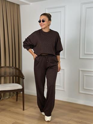 Kahve Bisiklet Yaka Taşlı Modal Kumaş Takım 26116