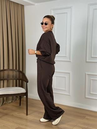 Kahve Bisiklet Yaka Taşlı Modal Kumaş Takım 26116