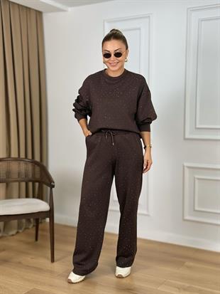 Kahve Bisiklet Yaka Taşlı Modal Kumaş Takım 26116