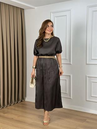 Kahve Bisiklet Yaka Yarım Kol Beli Lastikli Crush Saten Elbise 26213