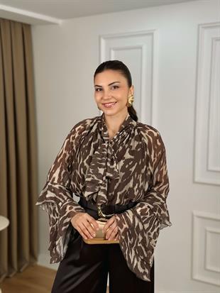 Kahve Boyundan Bağlamalı Kolları Kat Kat Astarlı Şifon Bluz 5024
