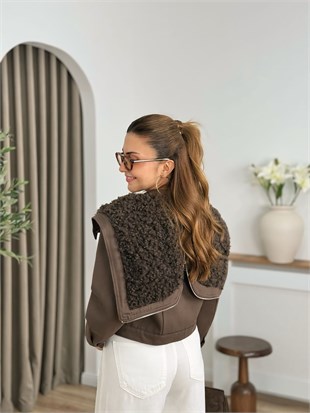 Kahve Düğmeli Astarlı Kürklü Gabardin Ceket 6379