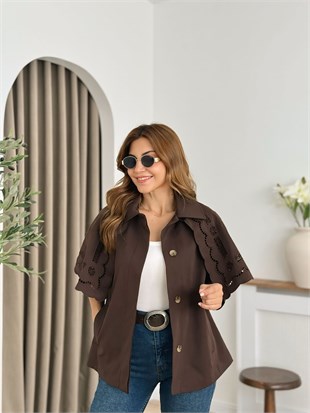 Kahve Düğmeli Astarlı Pelerinli Kap Trenchcoat 6381
