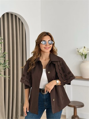 Kahve Düğmeli Astarlı Pelerinli Kap Trenchcoat 6381