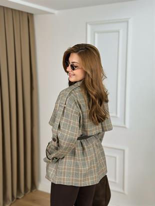 Kahve Ekose Desenli Astarlı Kemerli Poliviskon Kumaş Trenchcoat 6299