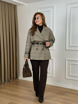 Kahve Ekose Desenli Astarlı Kemerli Poliviskon Kumaş Trenchcoat 6299