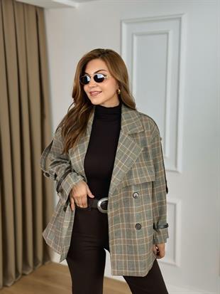 Kahve Ekose Desenli Astarlı Kemerli Poliviskon Kumaş Trenchcoat 6299