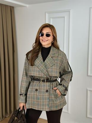 Kahve Ekose Desenli Astarlı Kemerli Poliviskon Kumaş Trenchcoat 6299