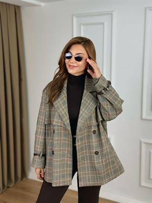 Kahve Ekose Desenli Astarlı Kemerli Poliviskon Kumaş Trenchcoat 6299