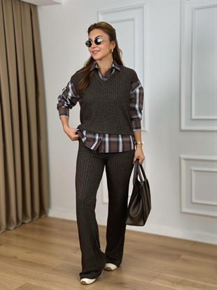 Kahve Ekose Gömlek Garnili Fitilli Kaşkorse Takım 36596