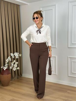 Kahve Ekstra Yüksek Bel Krep Kumaş Cepli Pantolon 26410