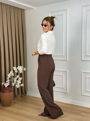 Kahve Ekstra Yüksek Bel Krep Kumaş Cepli Pantolon 26410