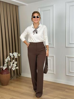 Kahve Ekstra Yüksek Bel Krep Kumaş Cepli Pantolon 26410