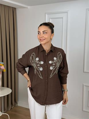 Kahve Fiyonk Nakışlı Gömlek 261405