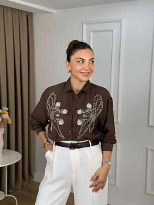 Kahve Fiyonk Nakışlı Gömlek 261405