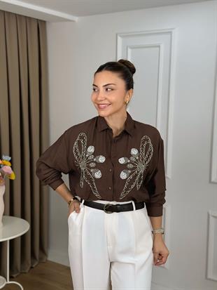 Kahve Fiyonk Nakışlı Gömlek 261405
