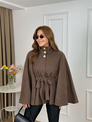 Kahve Gold Düğmeli Kuşaklı Panço Kaşe Kaban 26114