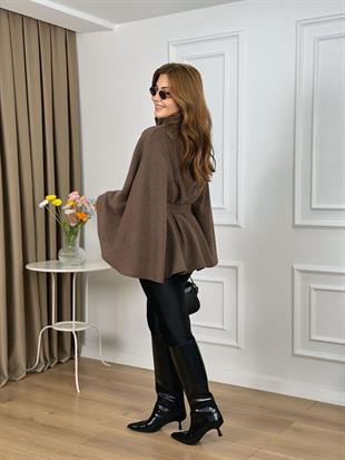 Kahve Gold Düğmeli Kuşaklı Panço Kaşe Kaban 26114