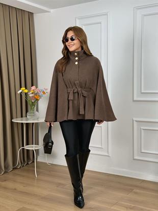 Kahve Gold Düğmeli Kuşaklı Panço Kaşe Kaban 26114