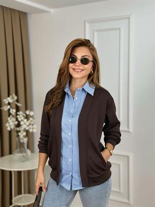 Kahve Gömlek Garnili Modal Kumaş Hırka 26127