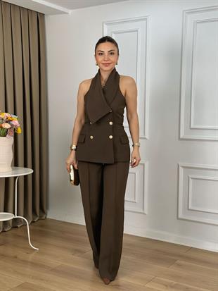 Kahve Halter Yaka Düğmeli Yelek Pantolon Takım 9692
