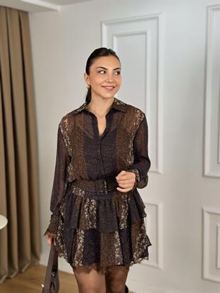 Kahve İçi Atletli Astarlı Kemerli Çiçekli Şfon Elbise 35539