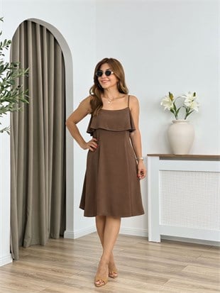 Kahve İp Askılı Fırfırlı Elbise 3108