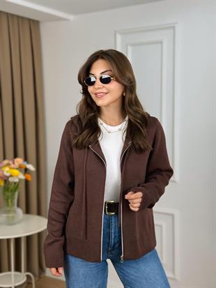 Kahve Kapişonlu Fermuarlı Triko Hırka 251023