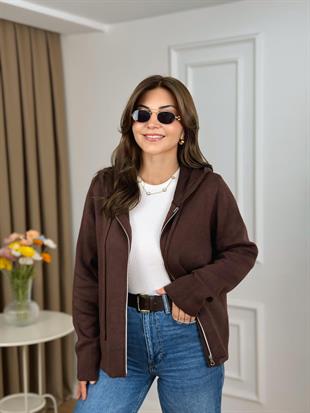 Kahve Kapişonlu Fermuarlı Triko Hırka 251023