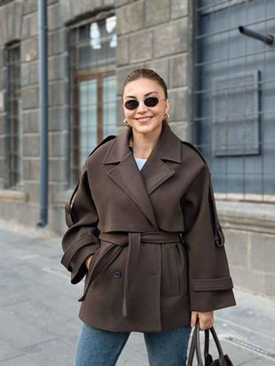 Kahve Kruvaze Yaka Cepli Kuşaklı Premium Kalite Astarlı Kaban 6136