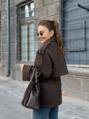 Kahve Kruvaze Yaka Cepli Kuşaklı Premium Kalite Astarlı Kaban 6136