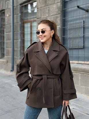 Kahve Kruvaze Yaka Cepli Kuşaklı Premium Kalite Astarlı Kaban 6136