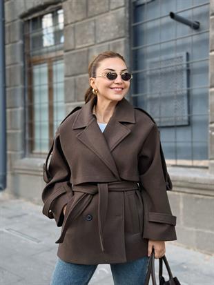 Kahve Kruvaze Yaka Cepli Kuşaklı Premium Kalite Astarlı Kaban 6136