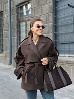 Kahve Kruvaze Yaka Cepli Kuşaklı Premium Kalite Astarlı Kaban 6136