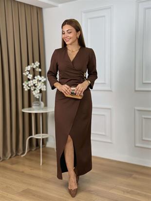 Kahve Kruvaze Yaka Yanı Gold Tokalı Yarım Kol Elbise 26205