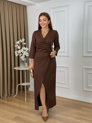 Kahve Kruvaze Yaka Yanı Gold Tokalı Yarım Kol Elbise 26205