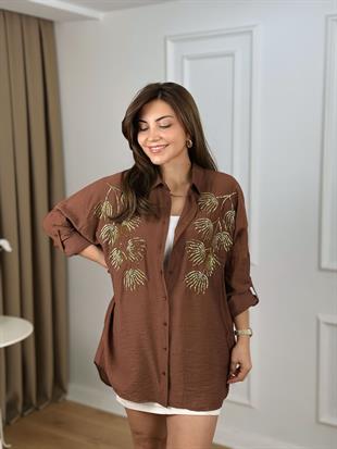 Kahve Lale Nakışlı Gömlek 10442