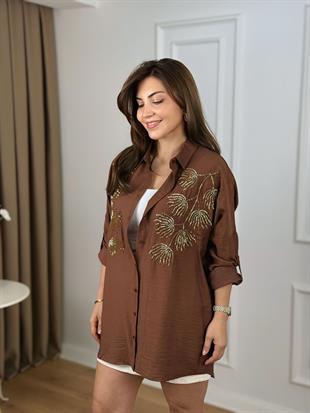 Kahve Lale Nakışlı Gömlek 10442